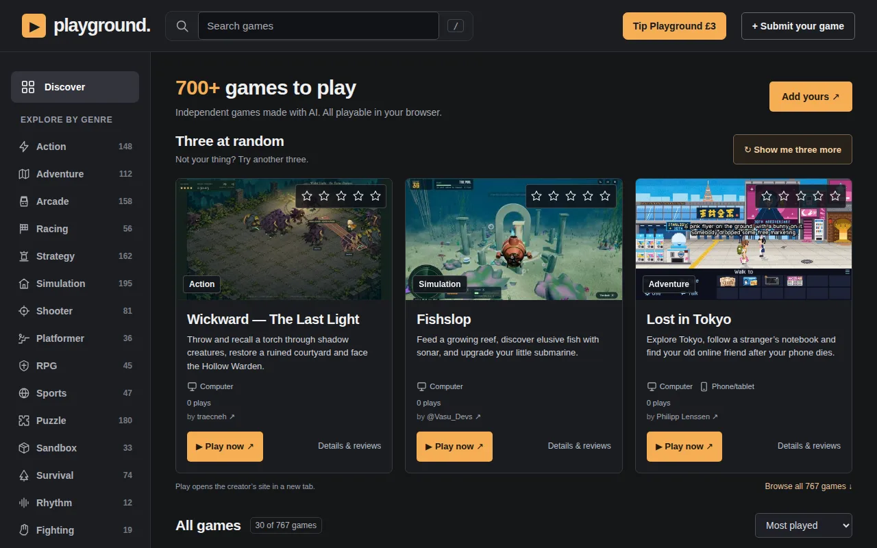 Náhled nástroje AI-built browser games, collected in one place