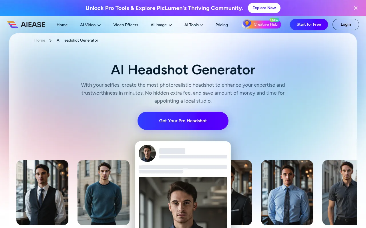 Náhled nástroje AI Ease: AI Headshot Generator