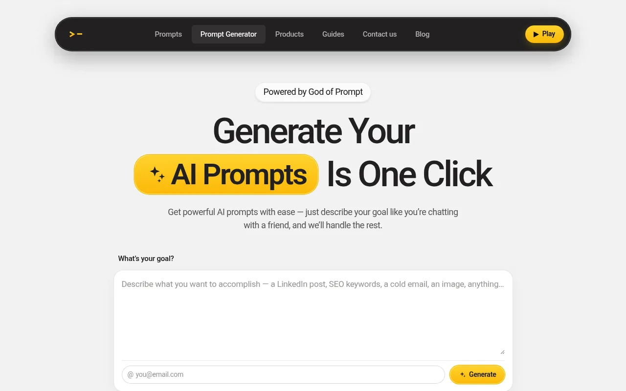 Náhled nástroje AI Prompt Generator by God of Prompt