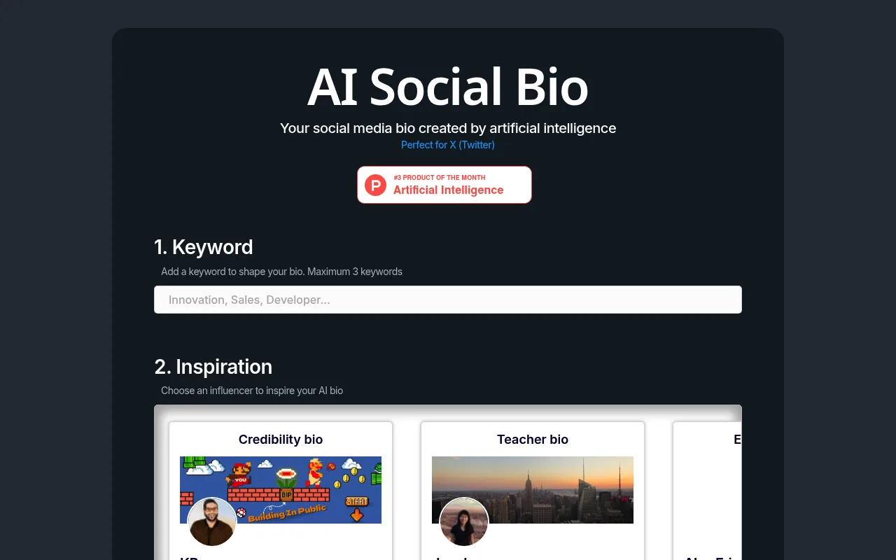 Náhled nástroje AI Social Bio