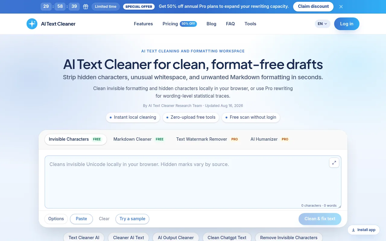 Náhled nástroje AI Text Cleaner