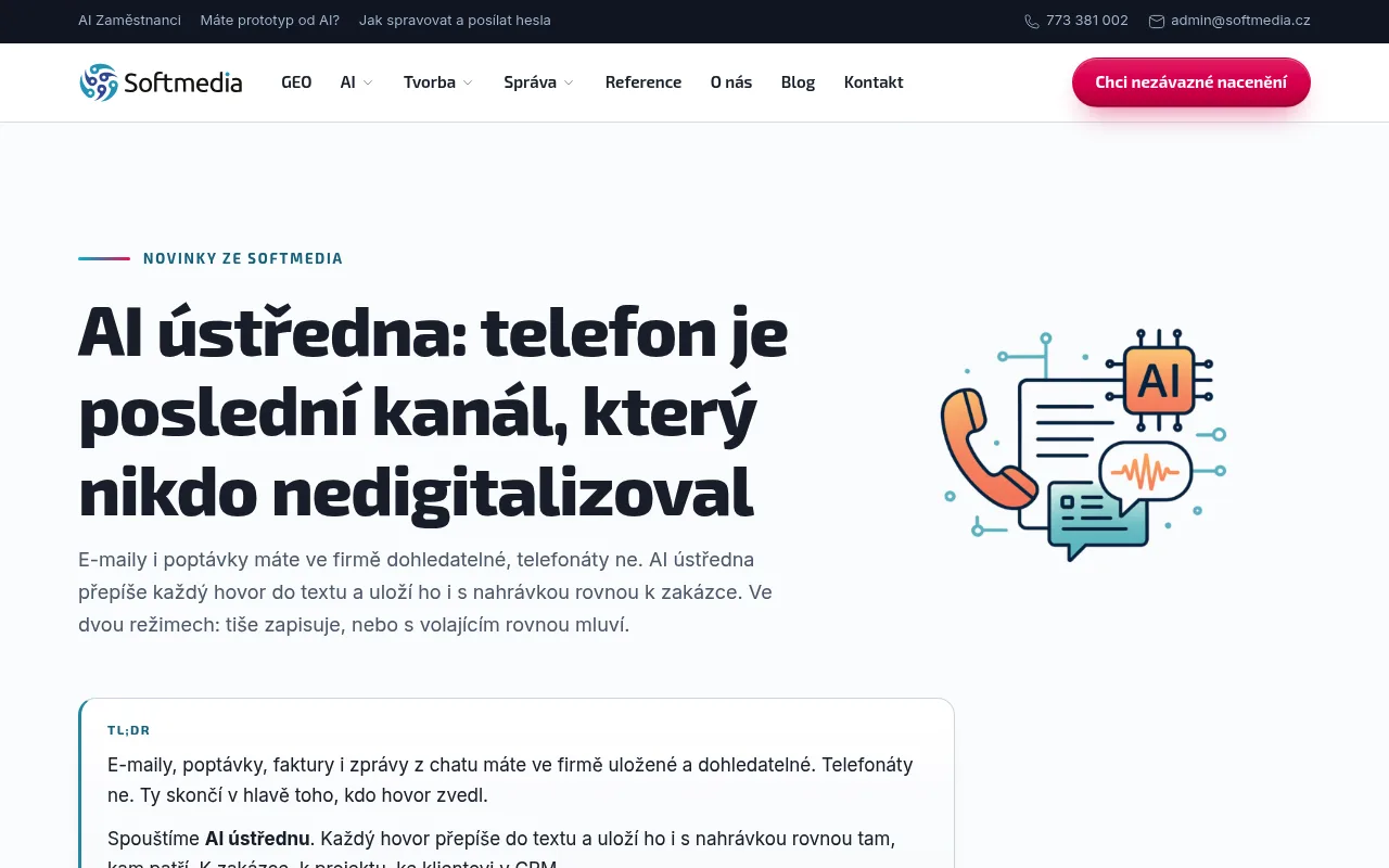 Náhled nástroje AI ústředna od Softmedia