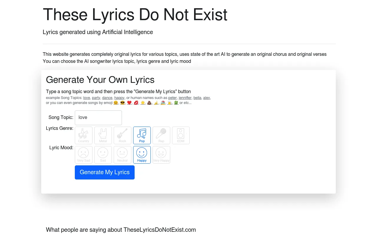 Náhled nástroje Artificial Intelligence Songwriter