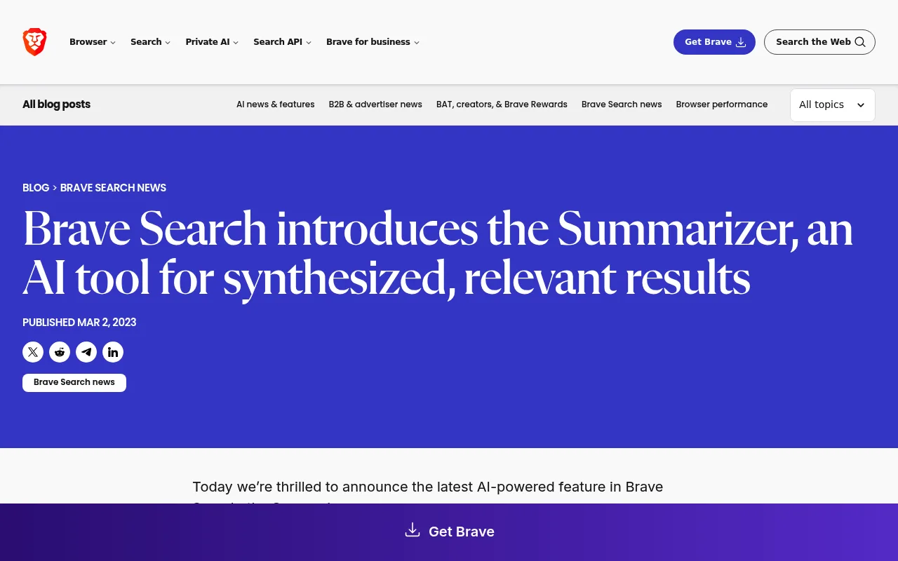 Náhled nástroje Brave Search Summarizer