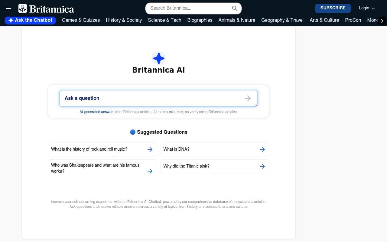 Náhled nástroje Britannica AI Chatbot