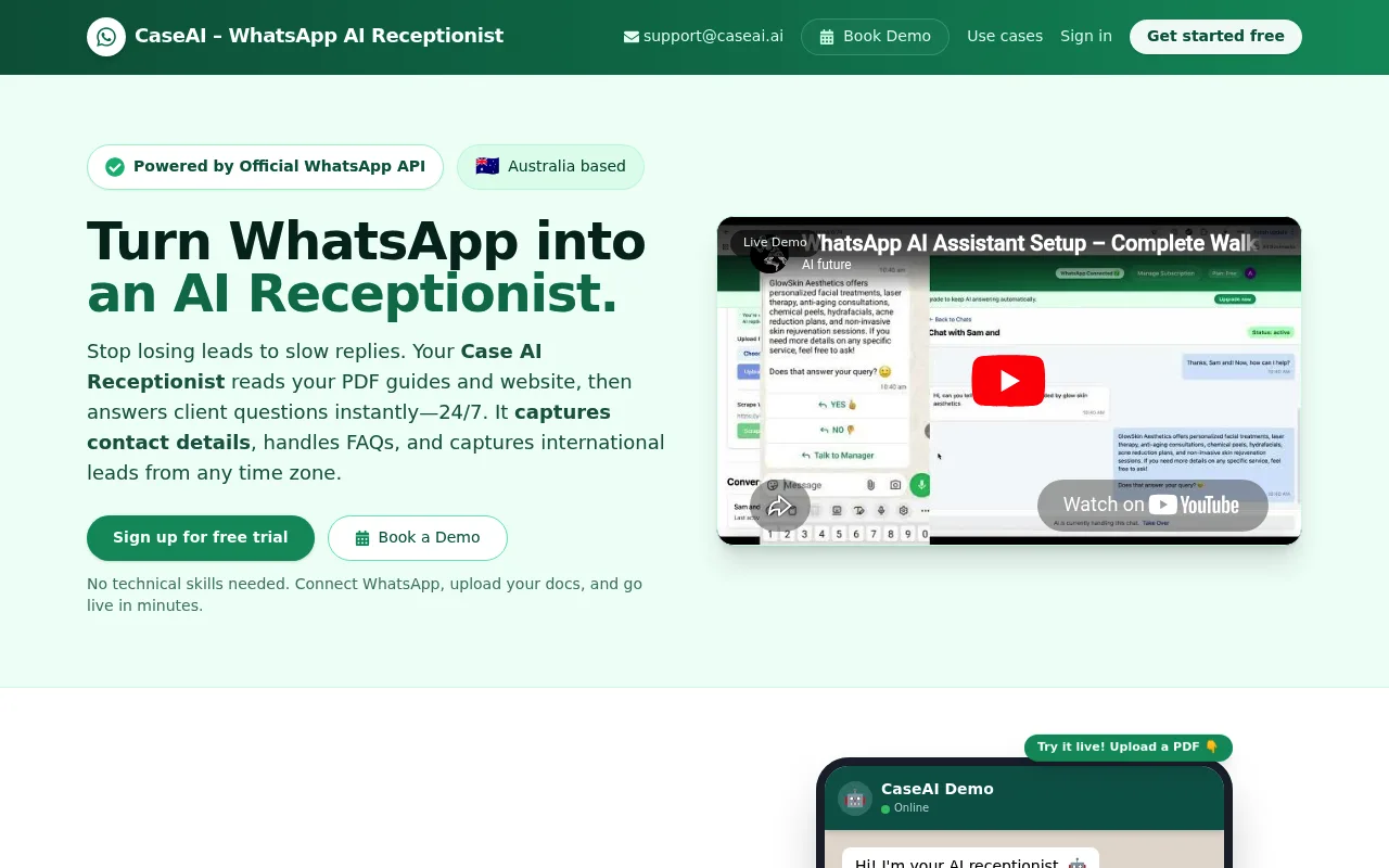 Náhled nástroje CaseAI WhatsApp Agent