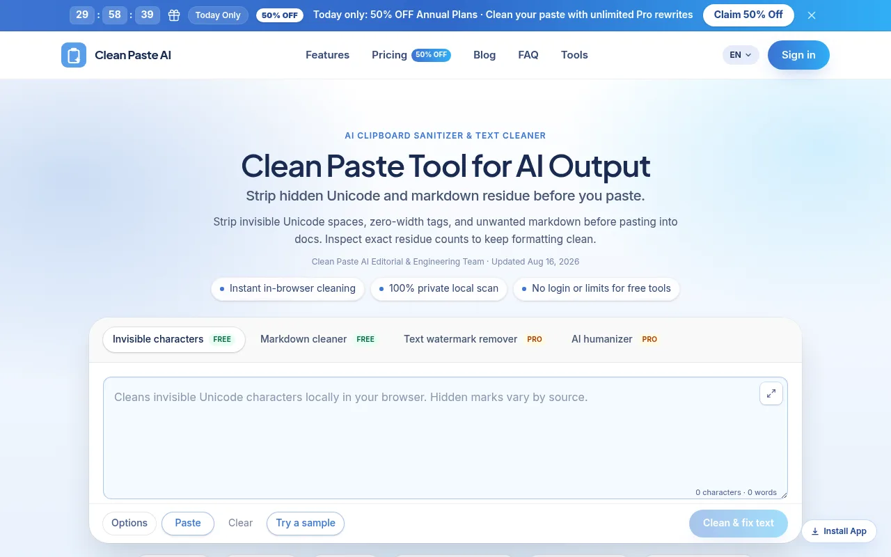 Náhled nástroje Clean Paste AI