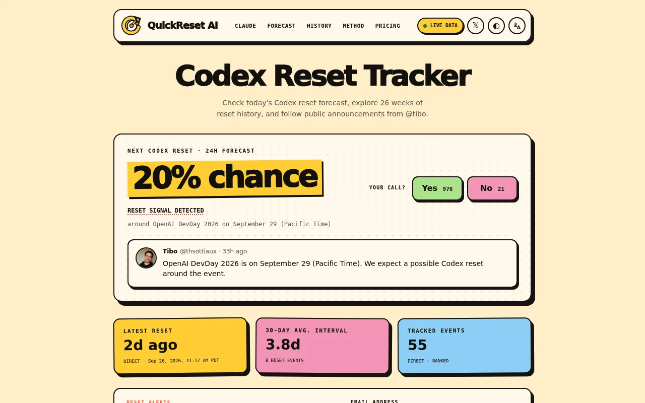 Náhled nástroje Codex Reset Radar
