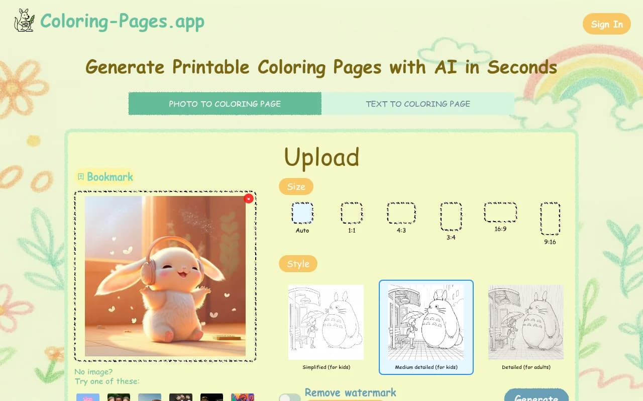 Náhled nástroje Coloring-Pages.app