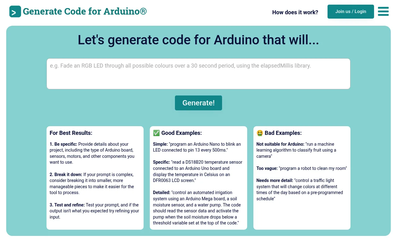 Náhled nástroje Duino Code Generator