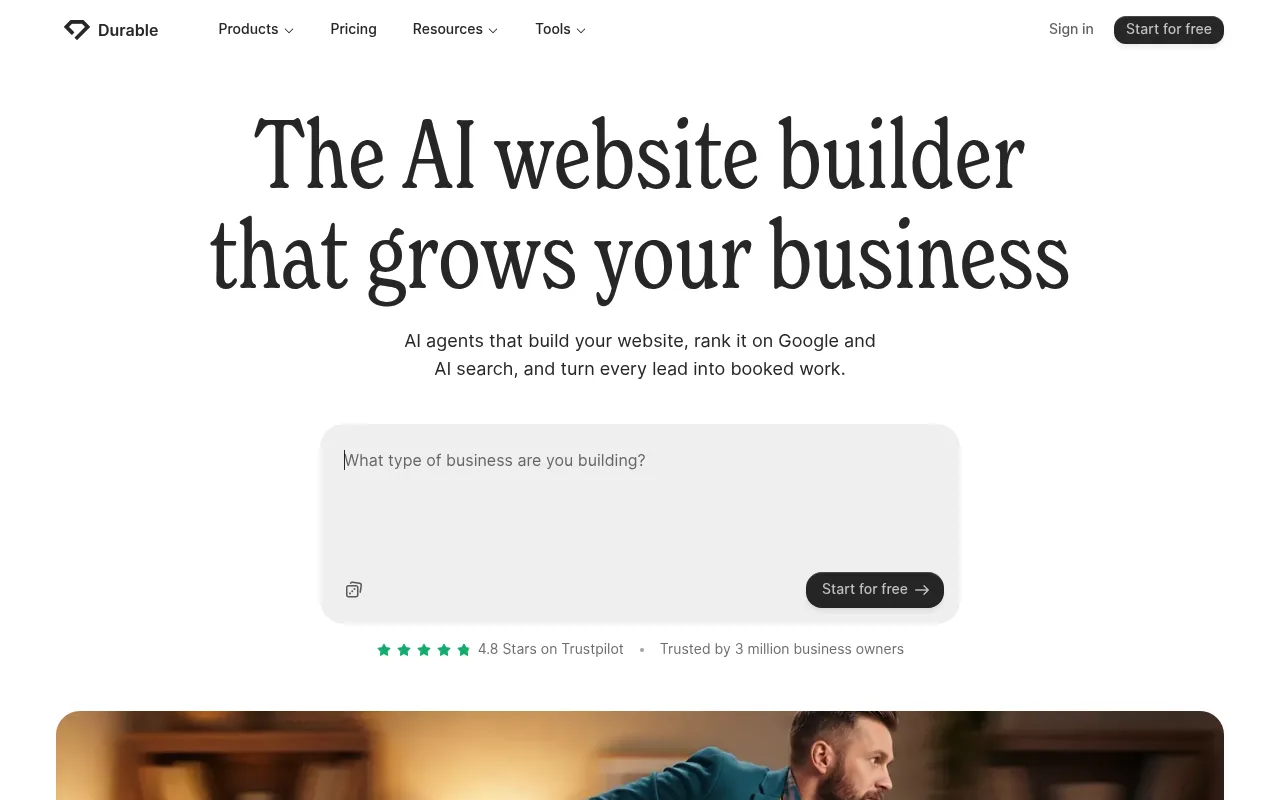 Náhled nástroje Durable AI Website Builder