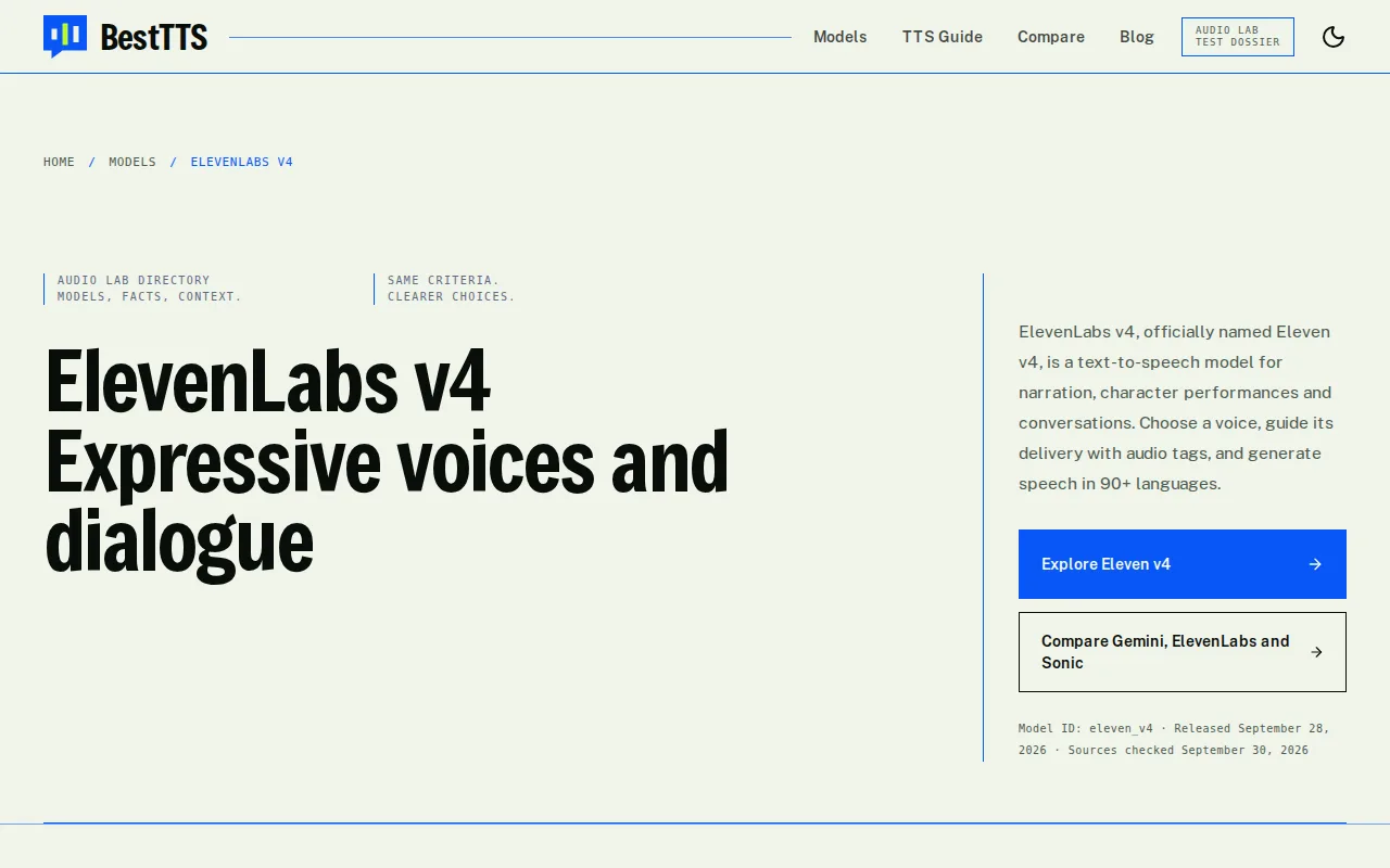 Náhled nástroje ElevenLabs v4 (Eleven v4) on BestTTS
