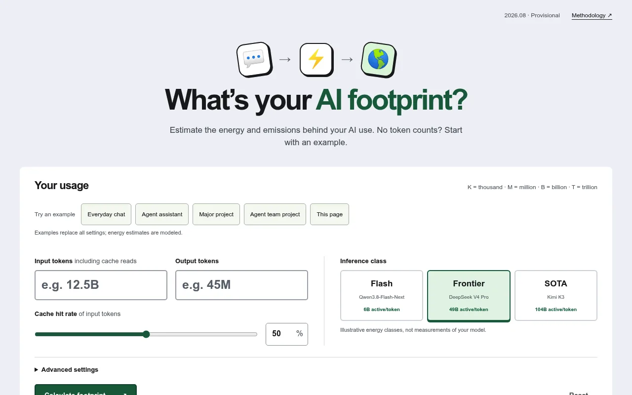 Náhled nástroje Estimate your AI CO2 footprint