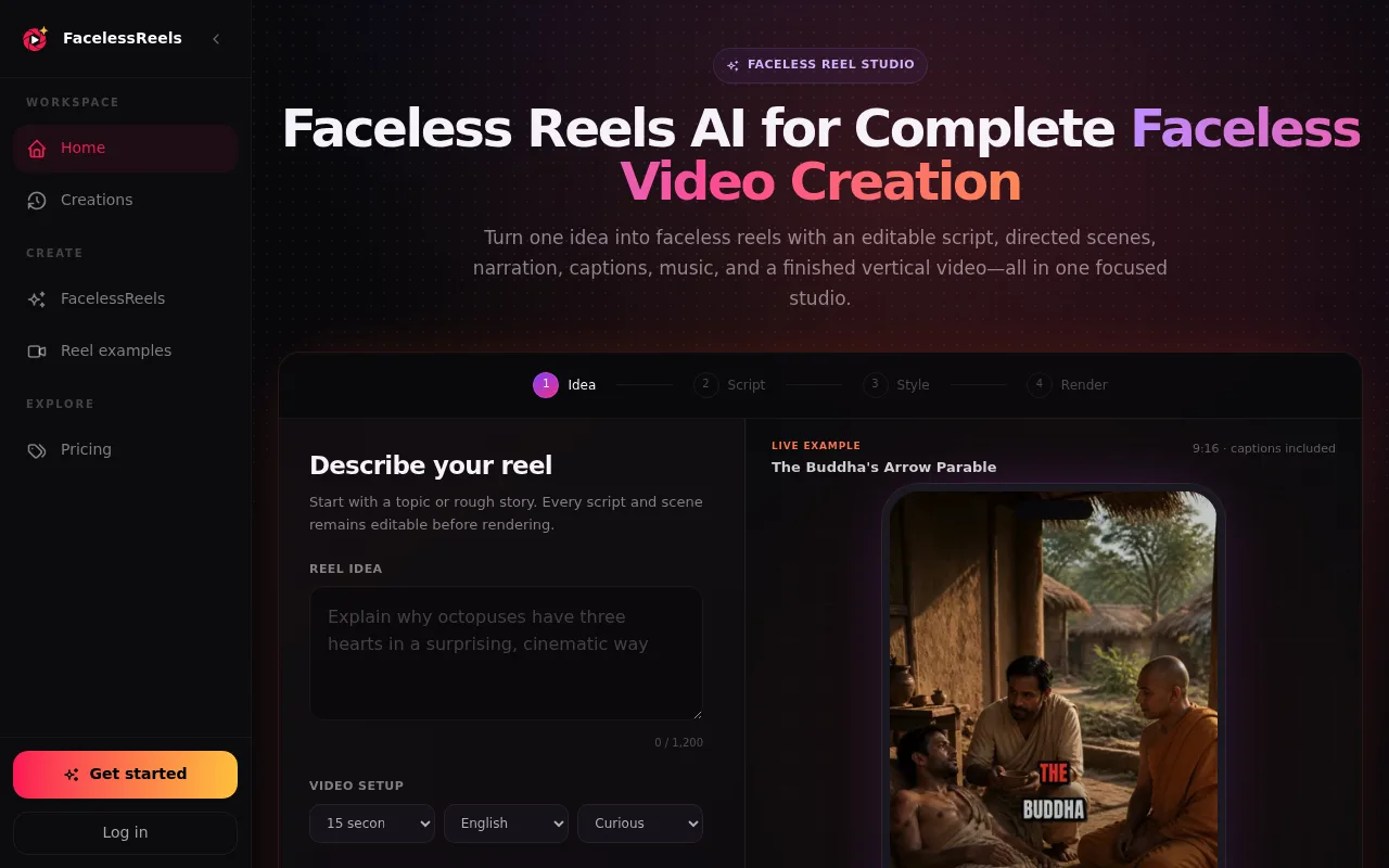 Náhled nástroje Faceless Reels AI