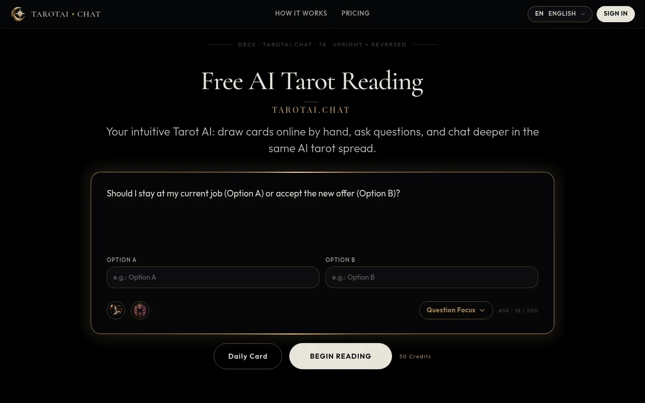 Náhled nástroje Free AI Tarot Reading & 78 Tarot Cards