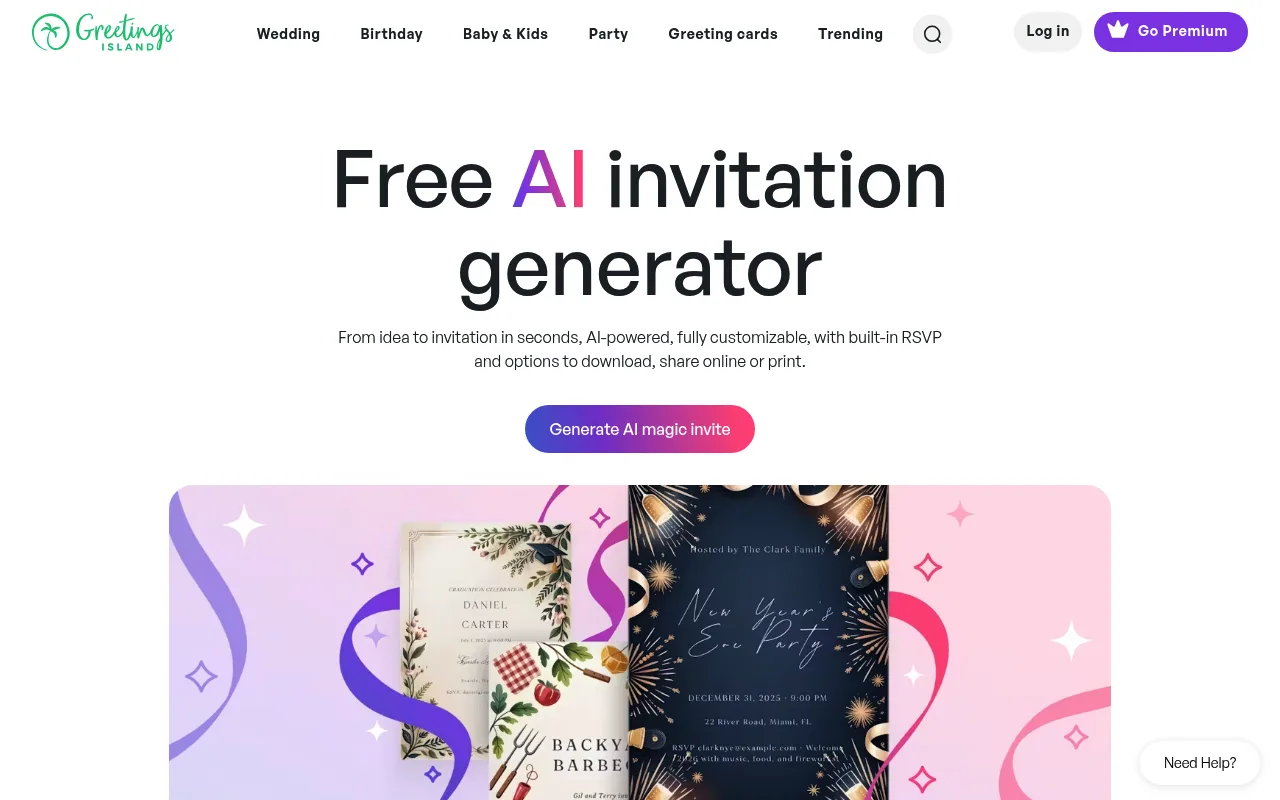 Náhled nástroje Greetings Island | AI Invitation Generator