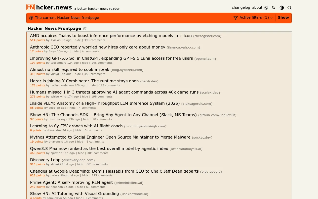 Náhled nástroje Hacker News with AI stories filtered out