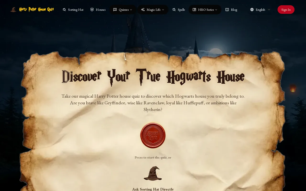 Náhled nástroje Harry Potter House Quiz (fan-made)