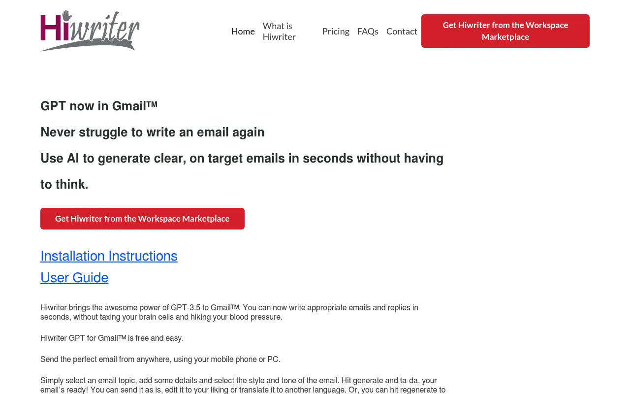 Náhled nástroje Hiwriter GPT for Gmail