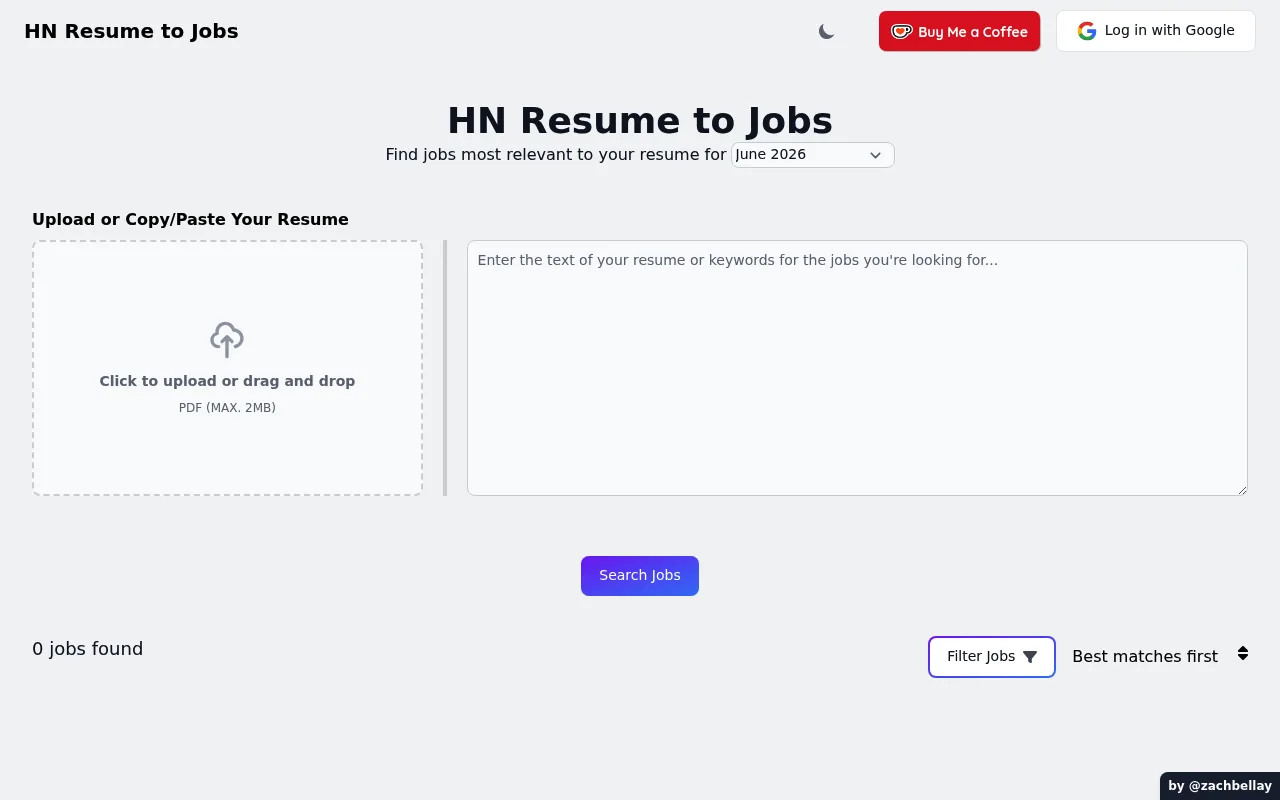 Náhled nástroje HN Resume to Jobs