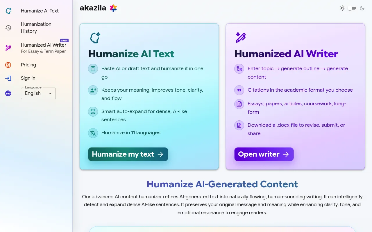 Náhled nástroje Humanize AI Text by Akazila