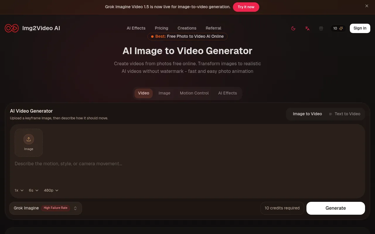 Náhled nástroje Img2Video AI