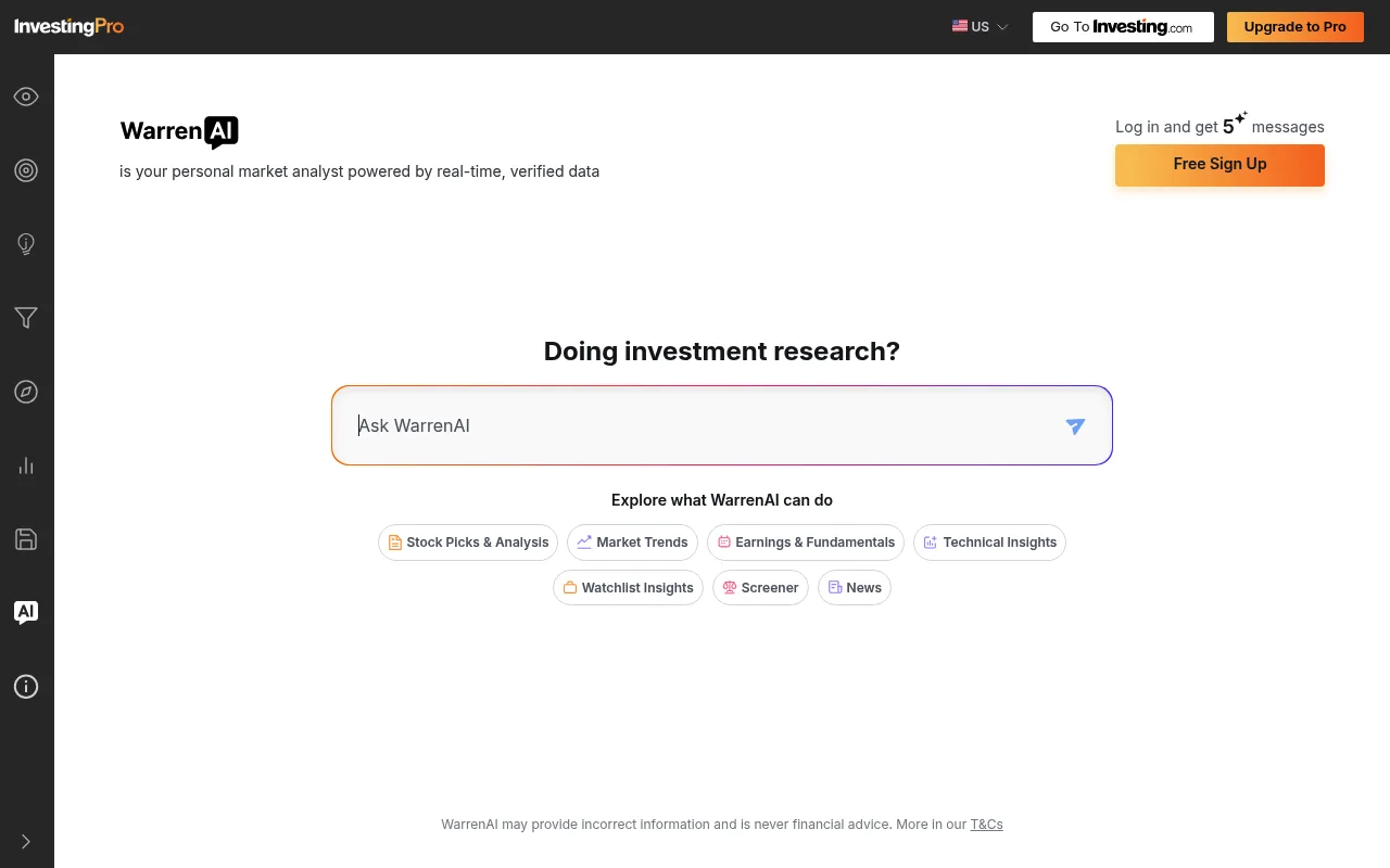 Náhled nástroje Investing.com - WarrenAI