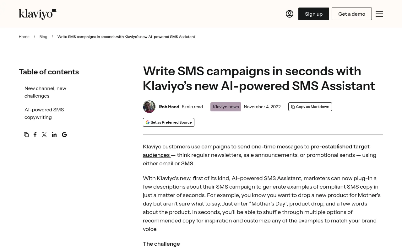 Náhled nástroje Klaviyo SMS Assistant