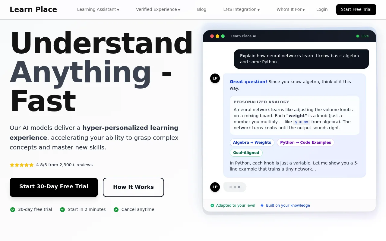 Náhled nástroje Learn Place AI Assistant
