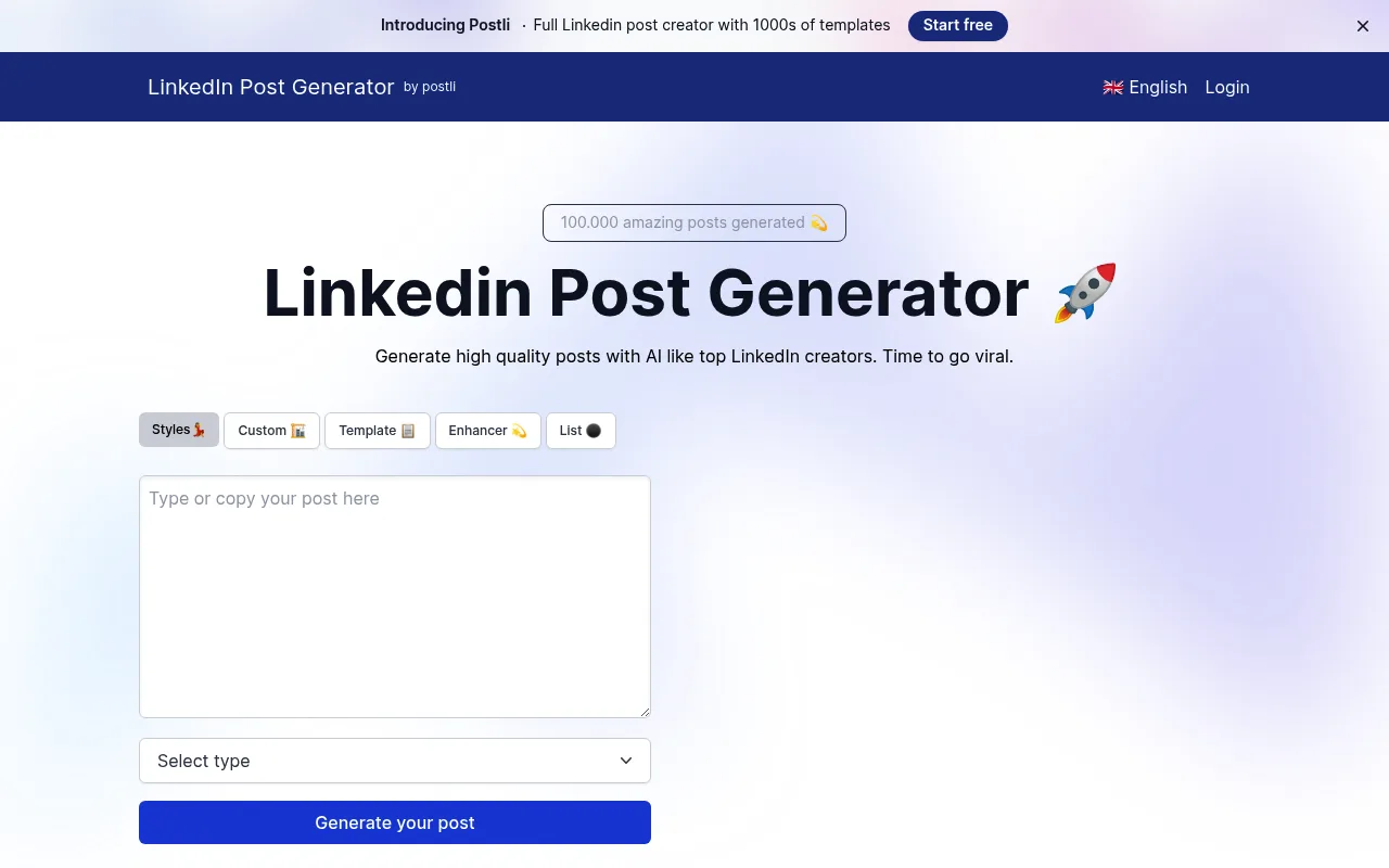 Náhled nástroje LinkedIn Post Generator