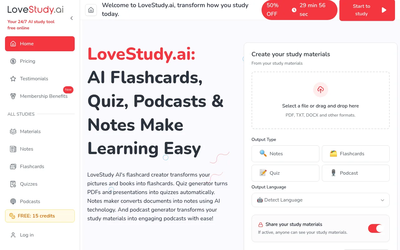 Náhled nástroje LoveStudy.ai