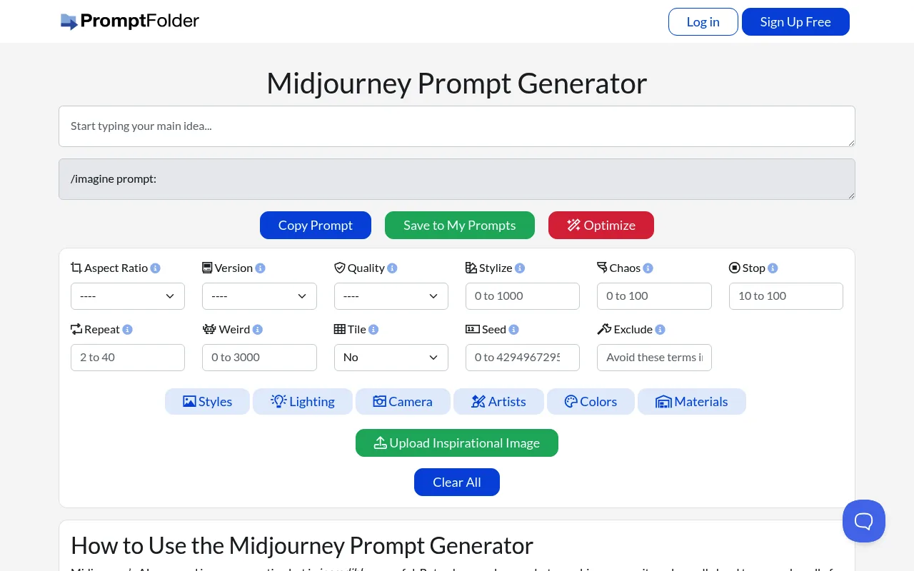 Náhled nástroje MidJourney Prompt Helper