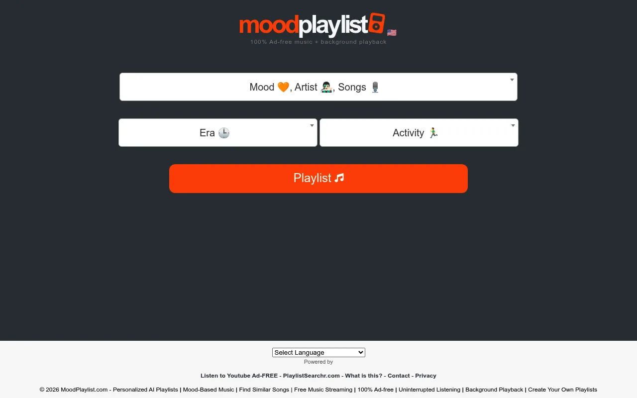 Náhled nástroje Moodplaylist.com