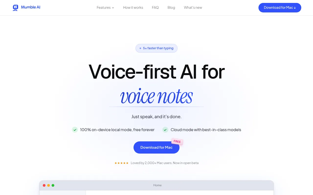 Náhled nástroje Mumble AI: Voice-first workspace for Mac & iOS