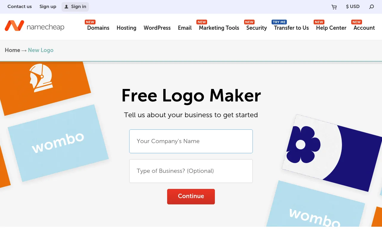 Náhled nástroje Namecheap Logo Maker