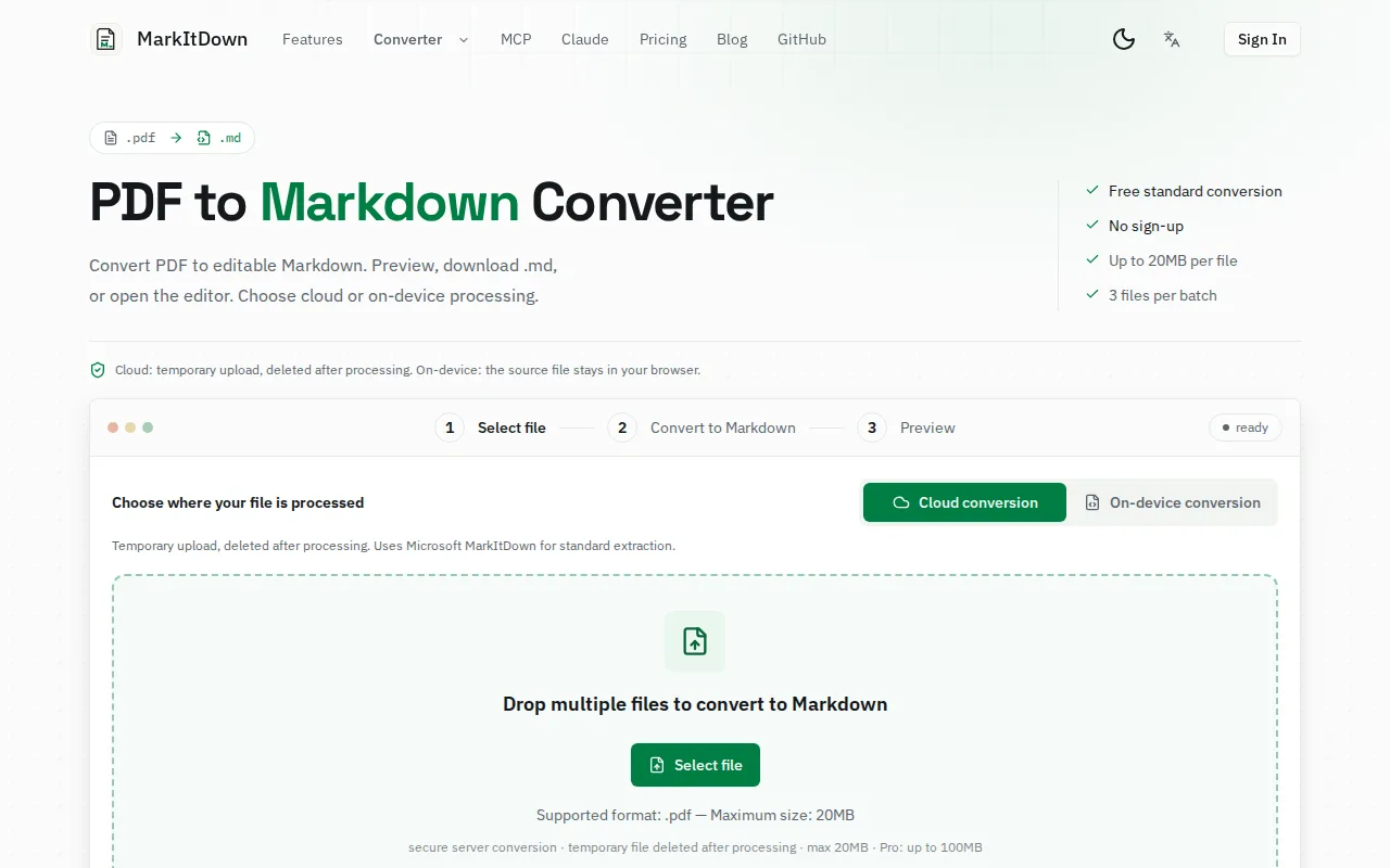 Náhled nástroje PDF to Markdown Converter by MarkItDown