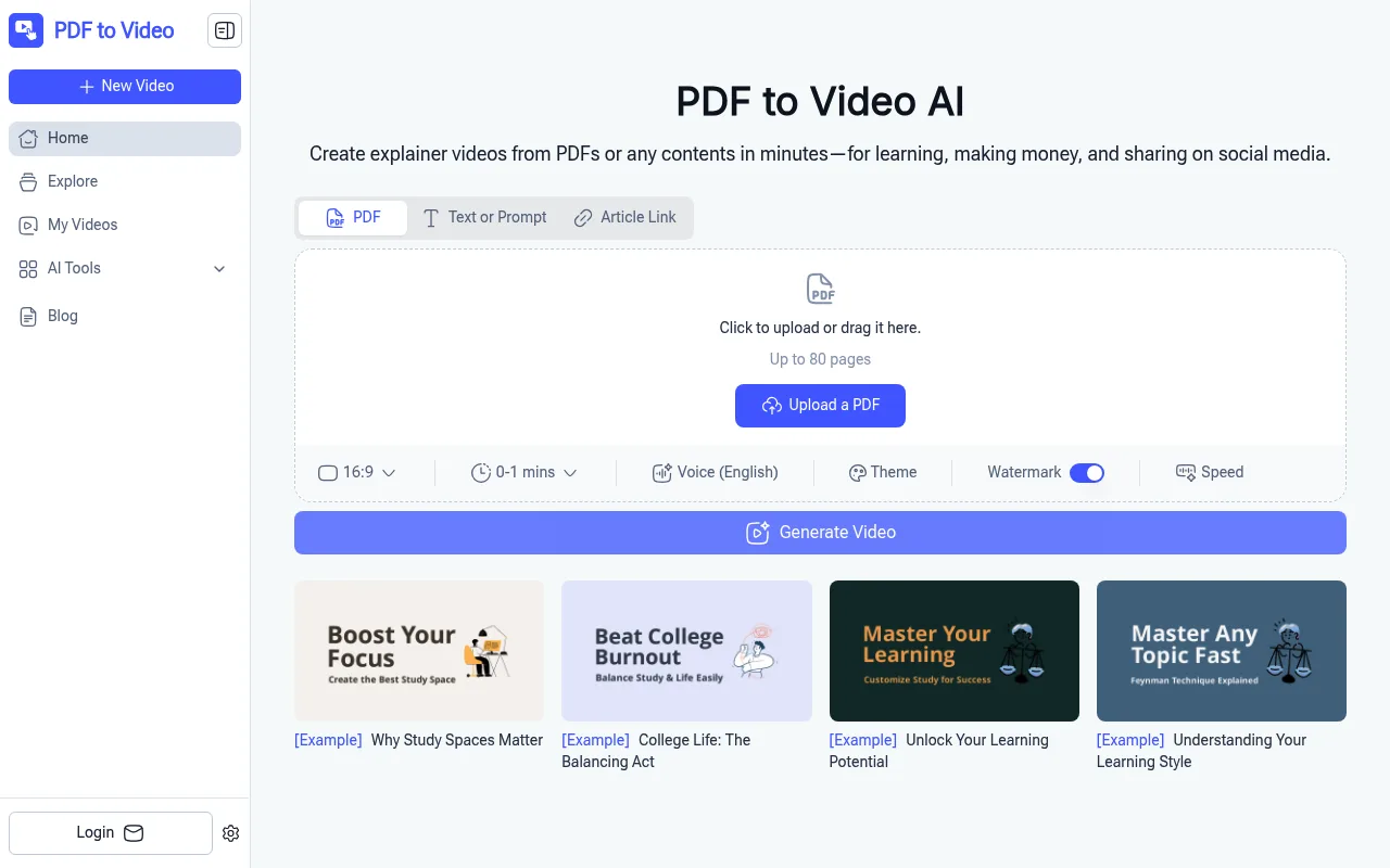 Náhled nástroje PDF to Video AI