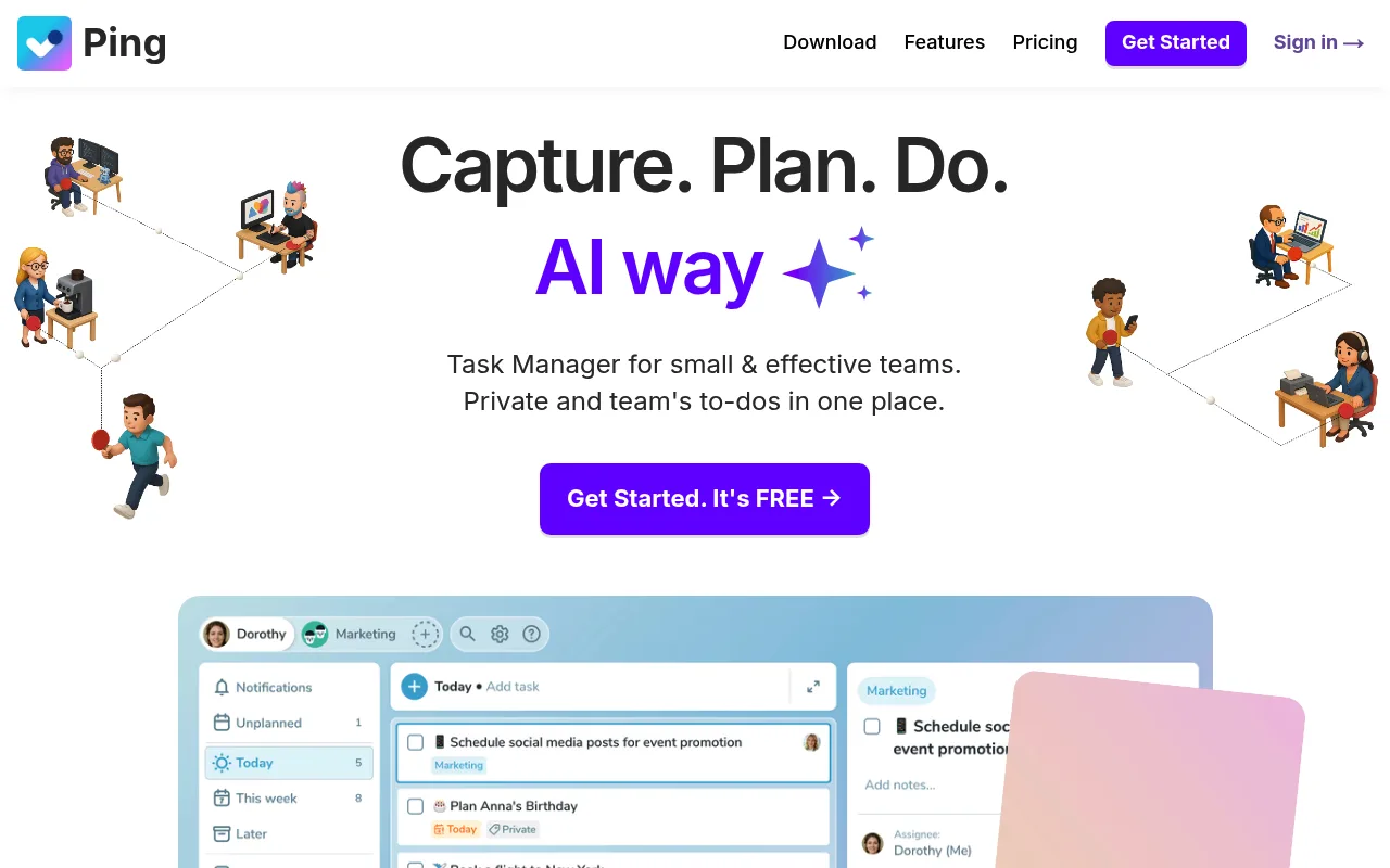 Náhled nástroje Ping: AI-Powered To Do List