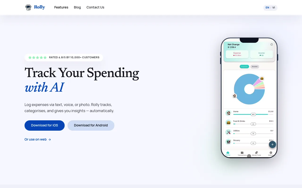 Náhled nástroje Rolly: AI Money Tracker
