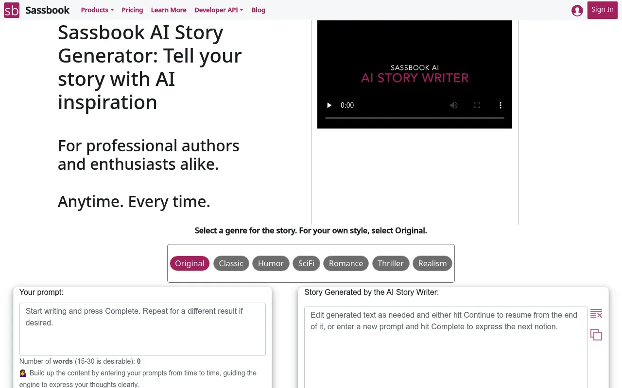 Náhled nástroje Sassbook AI Story generator