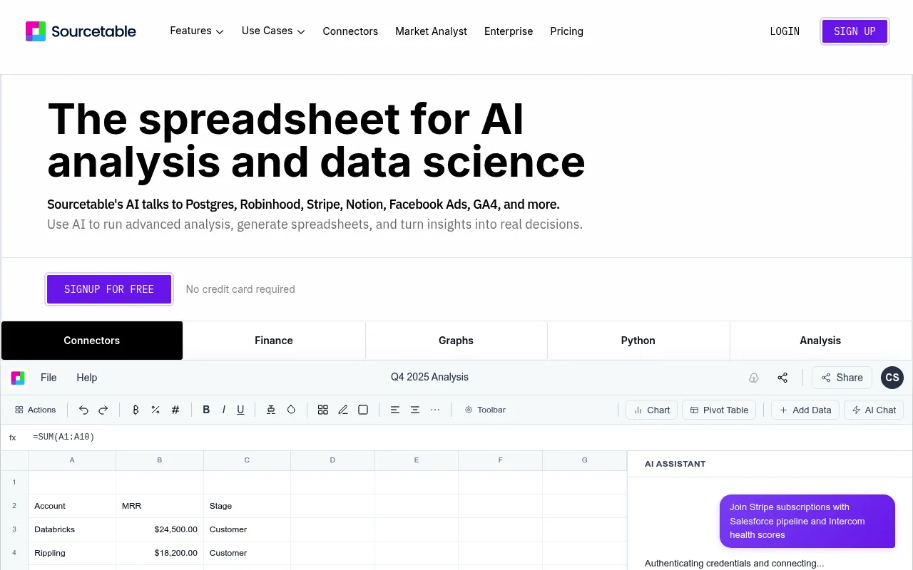 Náhled nástroje Sourcetable — AI spreadsheet & data analyst