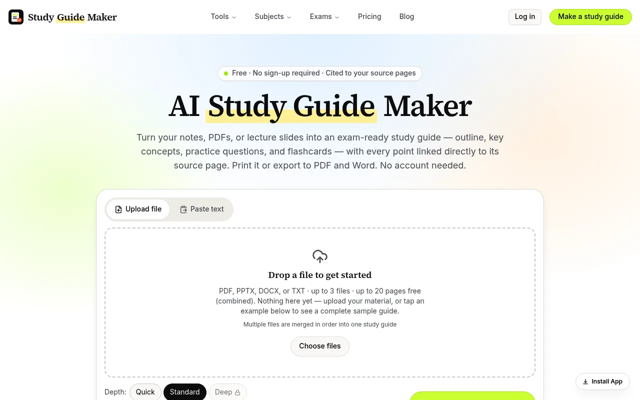 Náhled nástroje Study Guide Maker