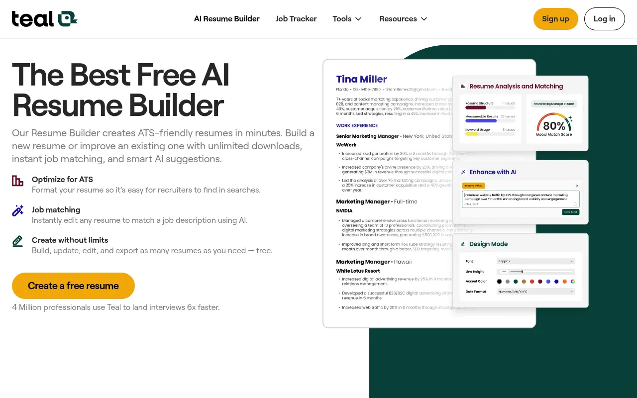 Náhled nástroje Teal Resume Builder
