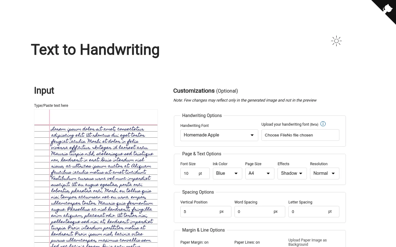 Náhled nástroje Text To Handwriting