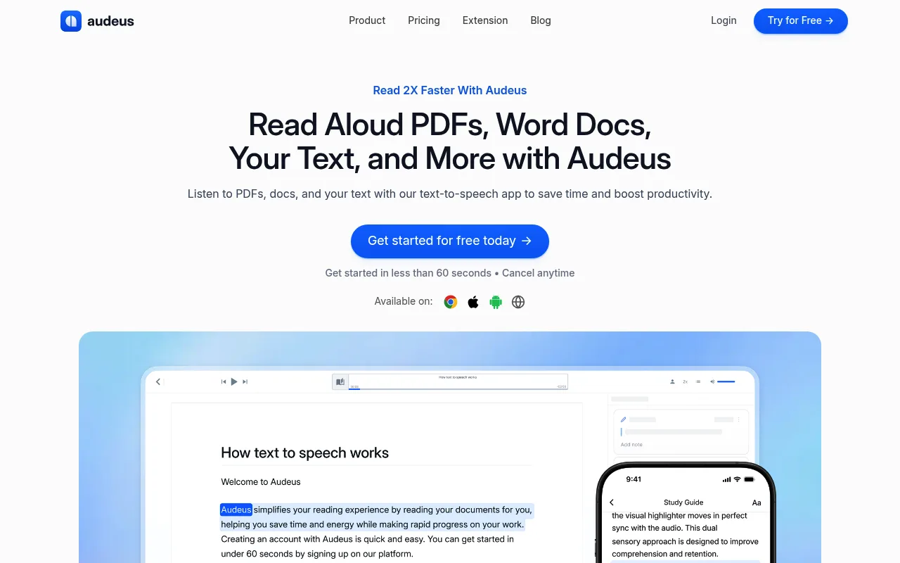 Náhled nástroje Text to Speech Reader by Audeus