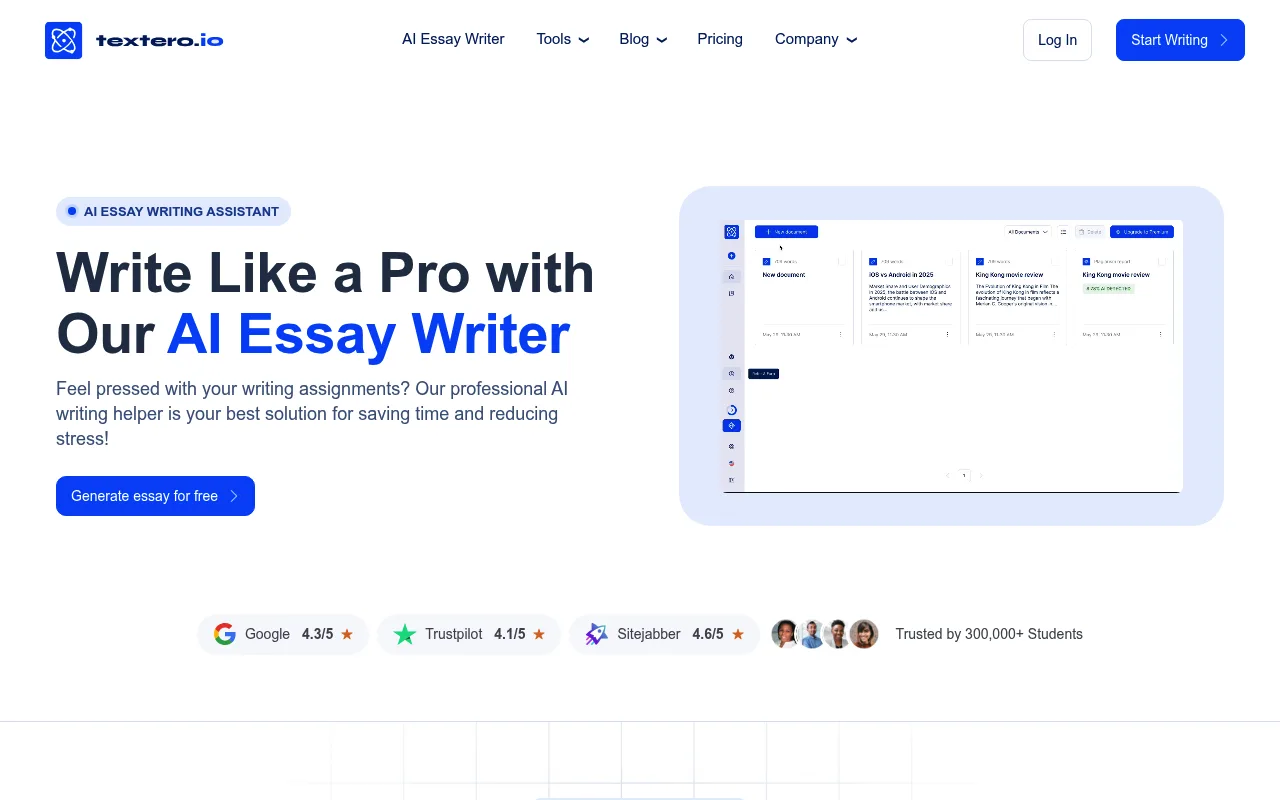 Náhled nástroje Textero AI Essay Writer