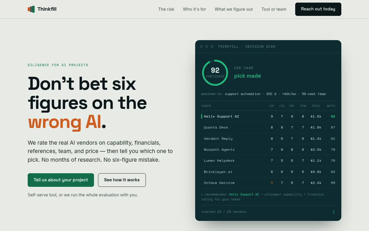 Náhled nástroje Thinkfill AI – AI Procurement Platform