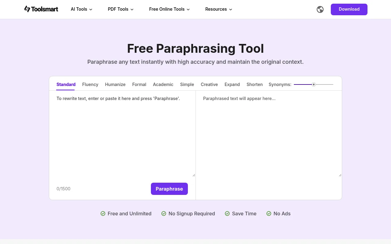 Náhled nástroje ToolSmart Free Paraphrasing Tool