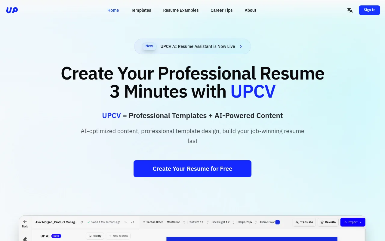 Náhled nástroje UPCV - AI Resume Builder