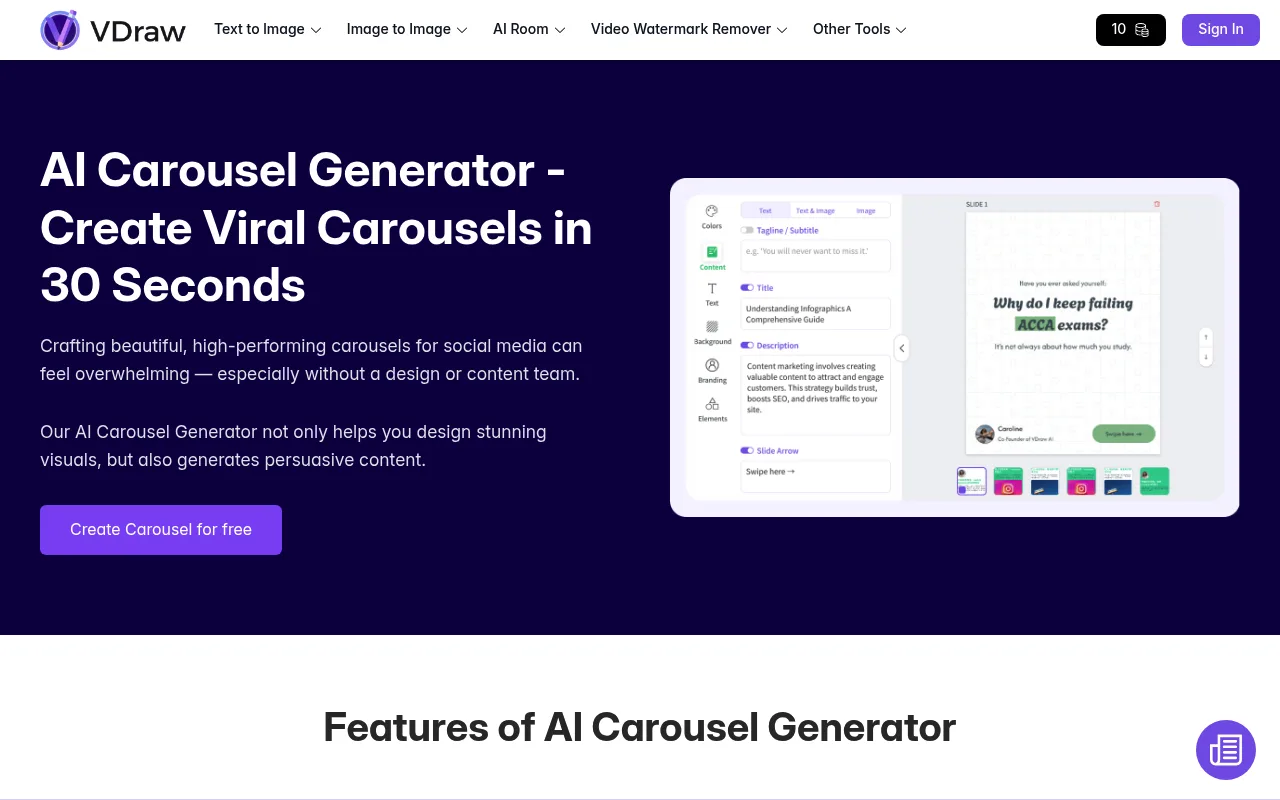 Náhled nástroje VDraw - AI Carousel Generator